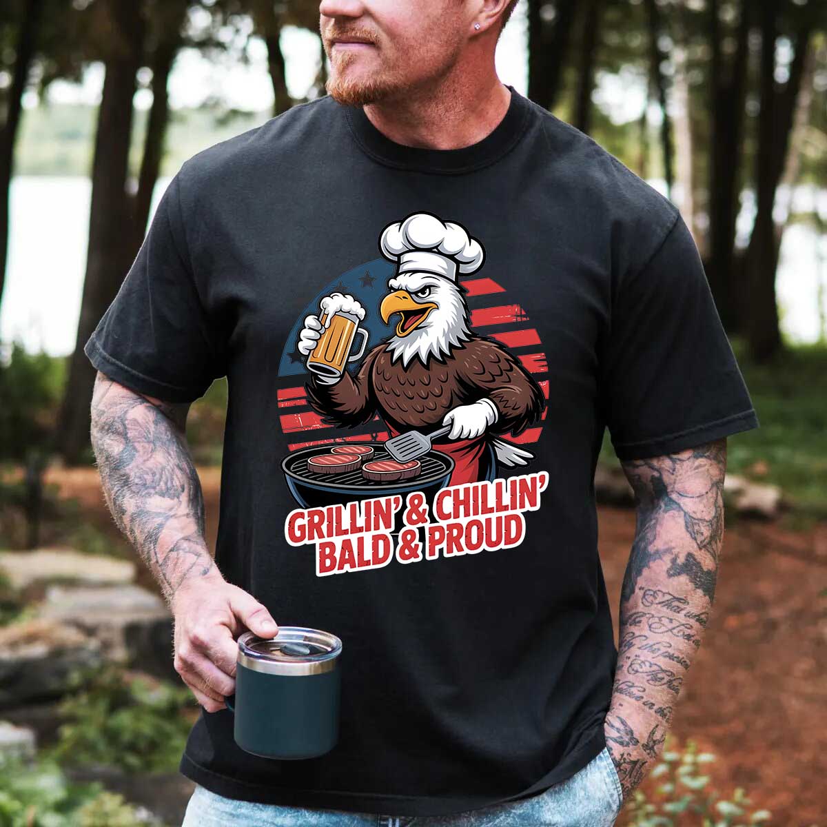 Grillin’ & Chillin’, Bald & Proud T-Shirt – Patriotic Bald Eagle BBQ Vintage Tee Adorb.co